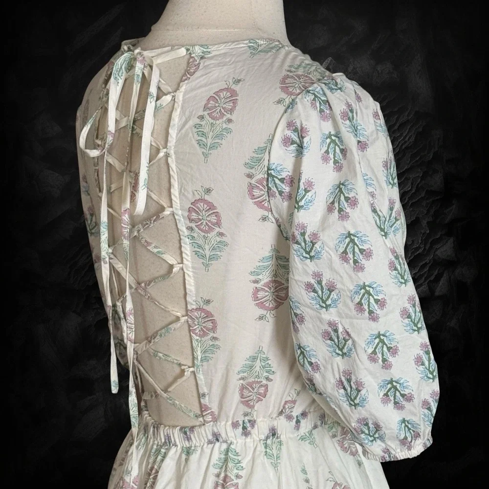 Christian Lacroix Tie Back Mini Dress Size S Lined Fit and Flare Puff‎ Sleeve